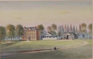 A color illustration of Bush Hill, a red brick Georgian mansion with outbuildings seated on a large plot of land
