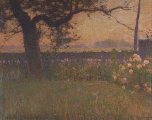 This color painting by William Langson Lathrop shows a tree surrounded by purple and white flowers.