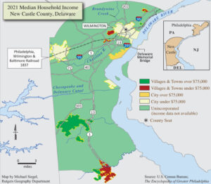 A color map titled "2021 Median Household Income in New Castle County, Delaware" that matches various incomes to colored sections of the map.