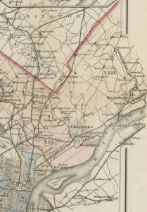 A map of the Northeast section of Philadelphia. The boarder of Northeast Philadelphia is colored red, and the map separates political districts with shades of light blue, yellow, pink, and green. The map mostly shoes roads, but some rivers, streams, and lakes are displayed on the map. 