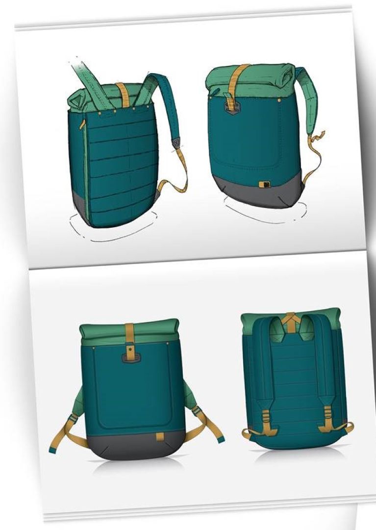 Sketch book with Case Logic design sketches of a bag.