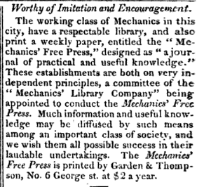 A short news piece announcing the publication of The Mechanics' Free Press